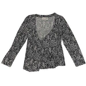 Chico's Women's V Neck Long Sleeve Blouse Black White Abstract Print Size 0